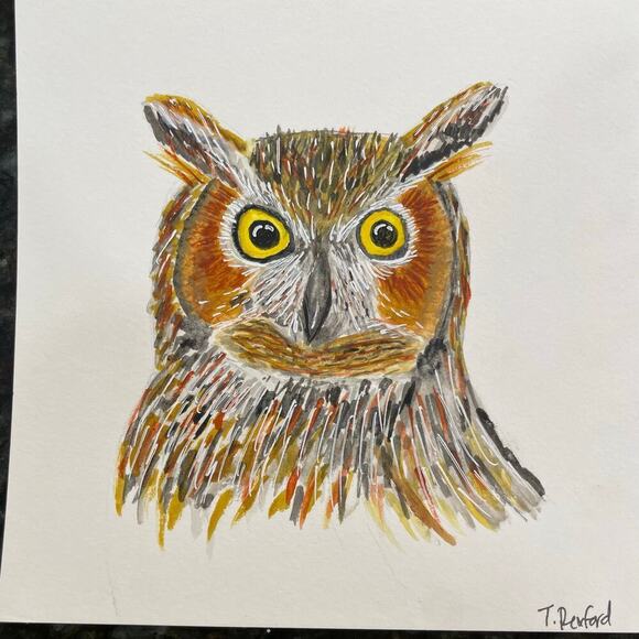 Hand painted watercolor original painting owl 6x6” - Picture 1 of 1